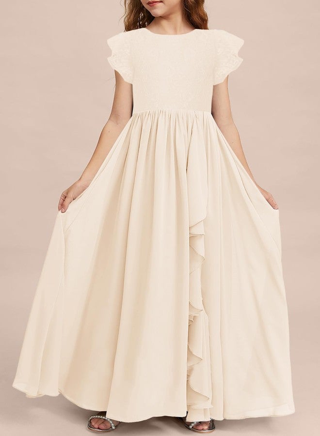 MITILLY Girls Lace Flower Maxi Dress Ruffle Sleeve A-Line Flowy Junior Bridesmaid Chiffon Dresses for Wedding Party 12 Years Cream - Image 3
